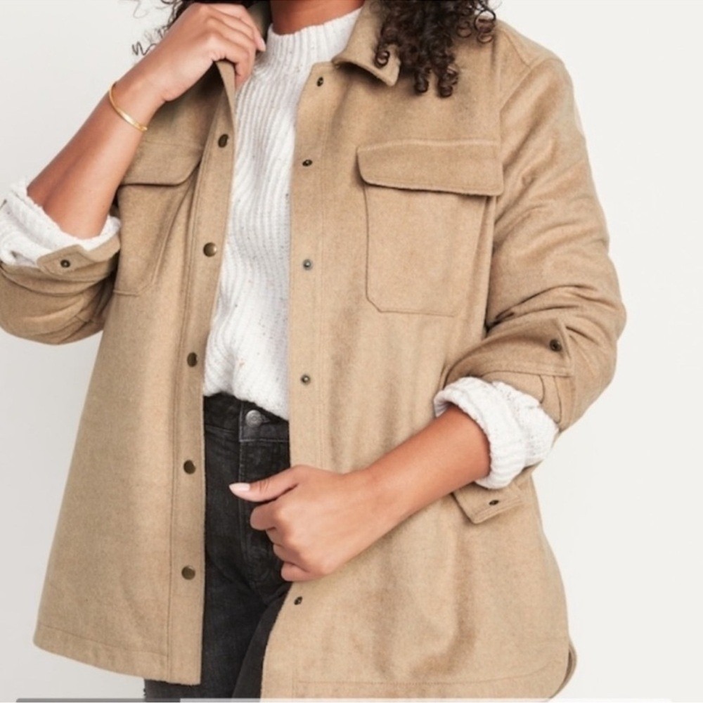 Old Navy Classic Camel Brushed-Twill Front Snap Round Hem Shacket Women's XL